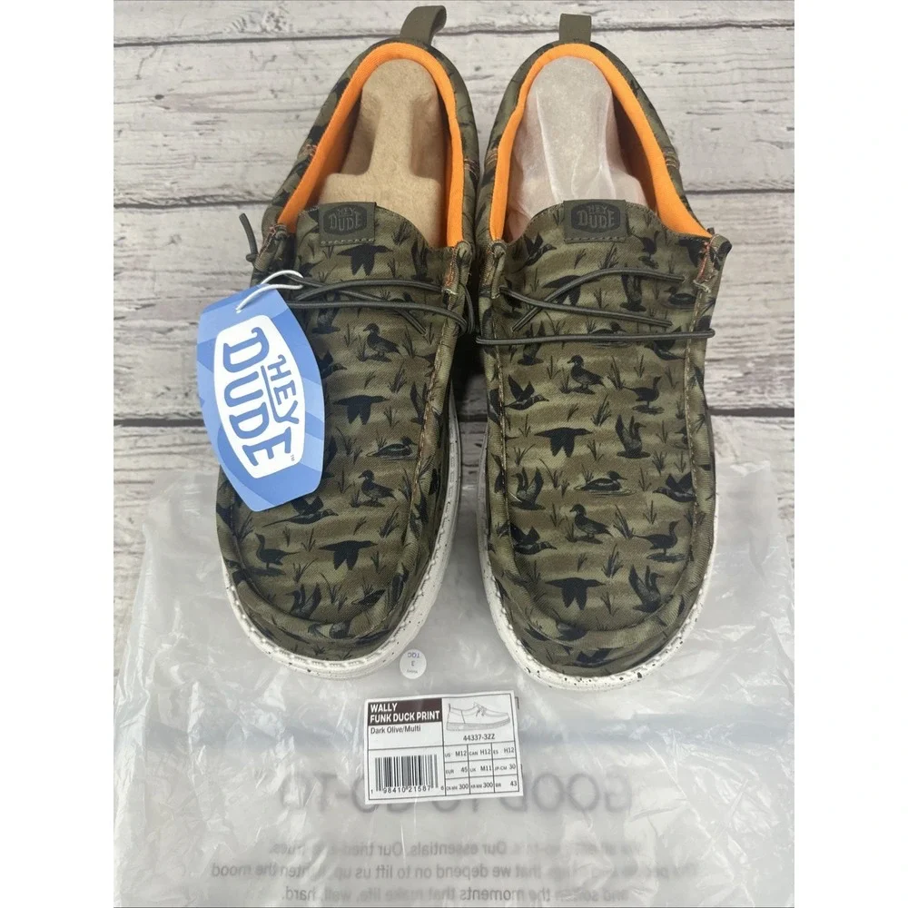 Hey Dude Wally Funk Duck Print Shoes Slip On Dark olive Size 12 Mens
